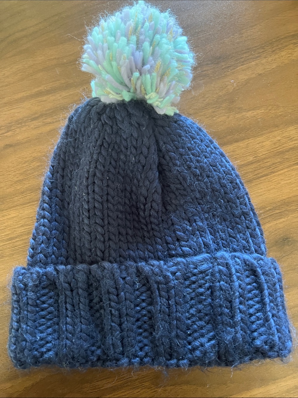 Anthropologie Navy Knit Pom Beanie with Multicolor Pom